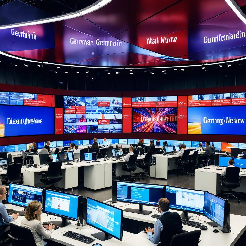 A sleek modern newsroom filled with diverse journalists engaged in discussions, while screens showcase dynamic graphics of German news headlines and technology programs. The atmosphere is vibrant and collaborative, with the iconic Das Erste logo subtly integrated. Warm colors contrast with cool tech visuals, embodying the fusion of tradition and innovation in media. super-realistic. vibrant colors. dynamic composition.