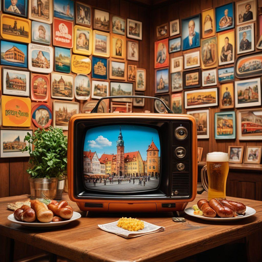 A vibrant and engaging collage showcasing iconic Das Erste television shows, featuring a TV with retro design and colorful screens displaying various scenes. Include elements representing current events in Germany, such as a newspaper and a globe. The background should reflect a modern touch with hints of German culture, like a beer stein and bratwurst. Emphasize brightness and clarity to attract viewers' attention. super-realistic. vibrant colors.