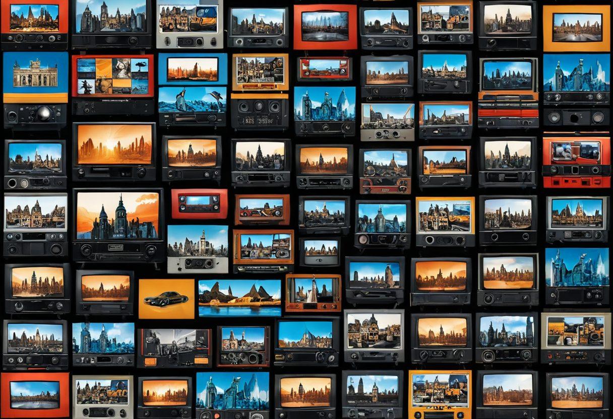 A vibrant collage showcasing iconic German television scenes, including a live broadcast studio with cameras and a host presenting, mixed with clips from popular series like 'Tatort' and 'Dark'. Incorporate elements of German culture, such as the Brandenburg Gate and traditional décor. The background should feature an abstract representation of television waves and signals. The color palette should be bold and engaging, capturing the essence of entertainment. super-realistic. vibrant colors.